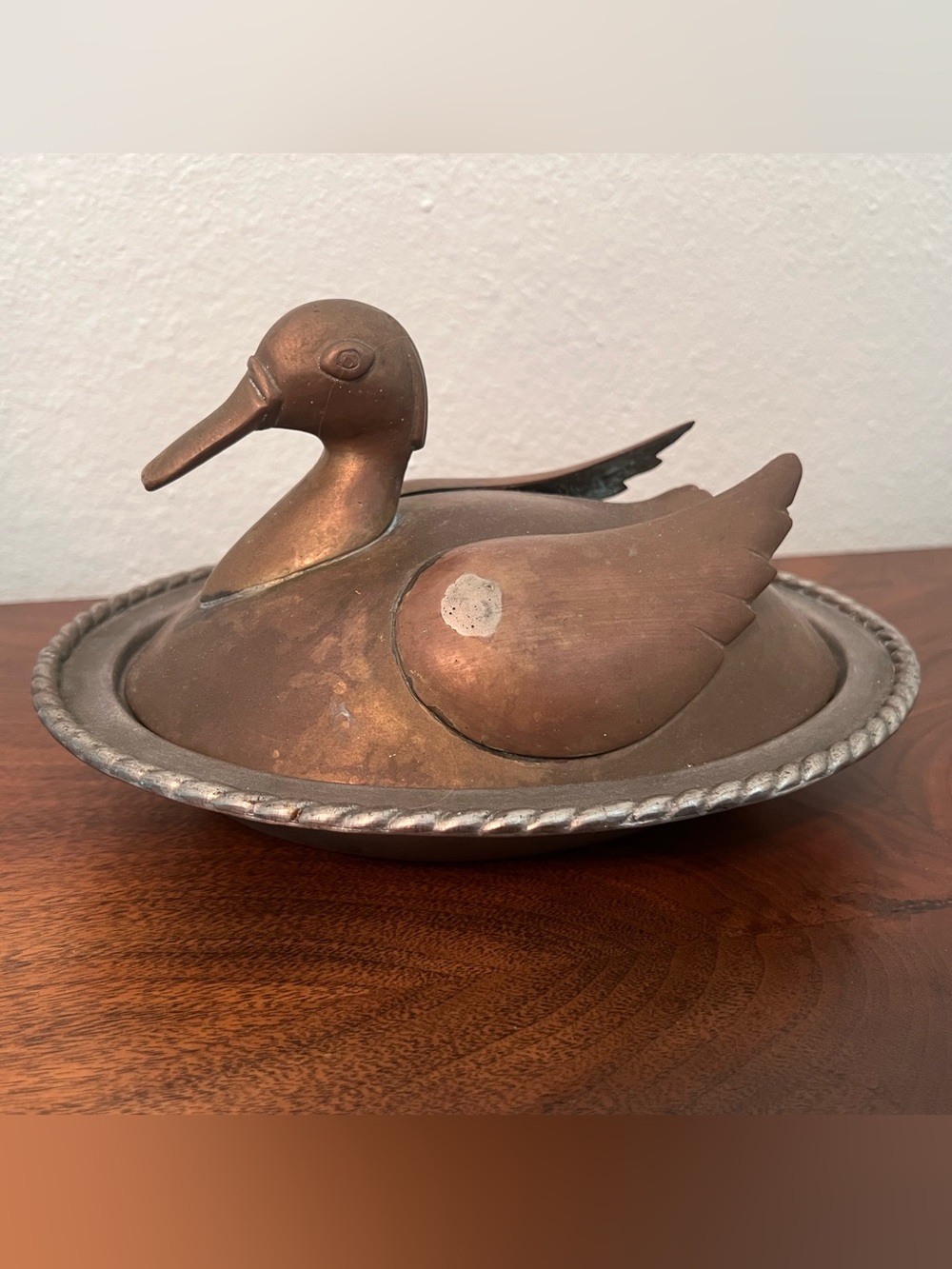 Vintage Brass Plated Duck on Nest Lidded Dish